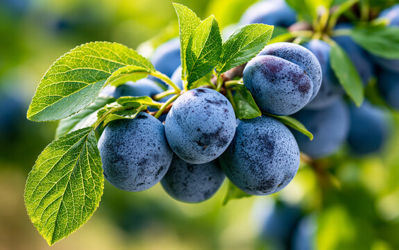 Ripe blue plums hanging on tree branch in orchard