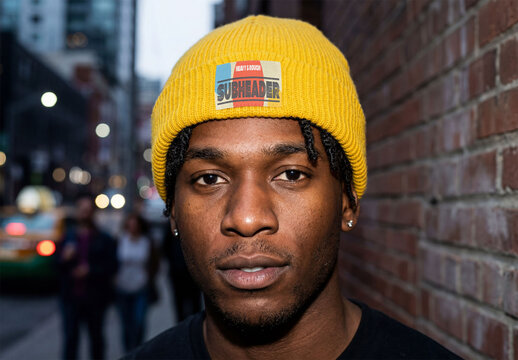 Mockup Template of Beanie Label Worn by Model