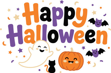 Fototapeta premium Colorful happy halloween greeting card design with cute cartoon ghost pumpkin and bat character illustrations
