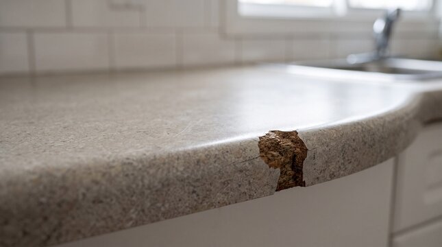 Chipped Laminate Kitchen Countertop with Exposed Core