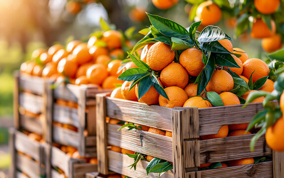 Fresh ripe mandarins with green leaves in wooden crates during harvest