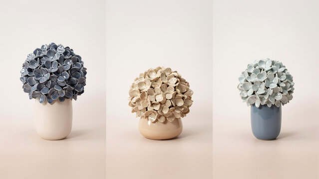 Three ceramic vases with spherical hydrangea flower bouquets on a light beige studio background