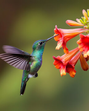 Lesser Violetear hummingbird feeding on a red trumpet flower, wildlife photography
