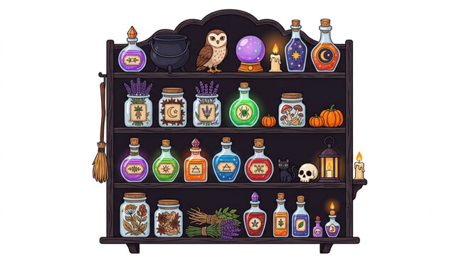 Witch potion shelf illustration with magic potion bottles cauldron owl and spell ingredients