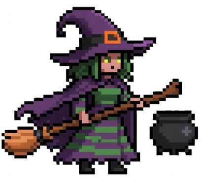 Pixel Witch with Broom and Cauldron: A pixel art illustration of a witch wearing a pointy hat and cloak, holding a broom and standing next to a cauldron, ready for Halloween magic.