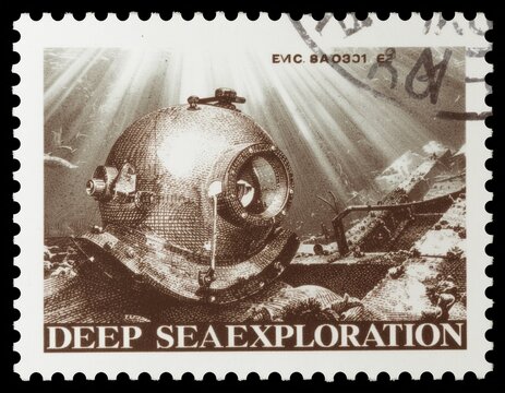 Vintage postage stamp featuring deep sea exploration theme