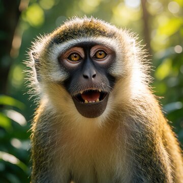 Close up portrait of happy smiling vervet monkey. Young primate with funny facial expression sits in green jungle. Wild mammal looks at camera in safari nature habitat. Cute baby monkey face shows
