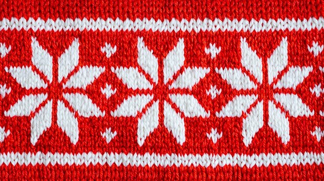 Authentic cozy winter textile background hand knitted red wool featuring traditional red and white patterned ornaments stars snowflakes flat lay stock imagery.