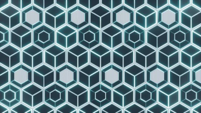 Abstract futuristic dark background with glowing blue neon hexagonal patterns and 3D cube structures