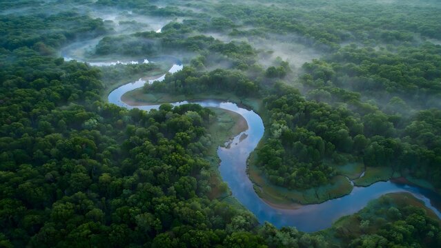 Aerial view of a lush forest surrounding a winding blue river