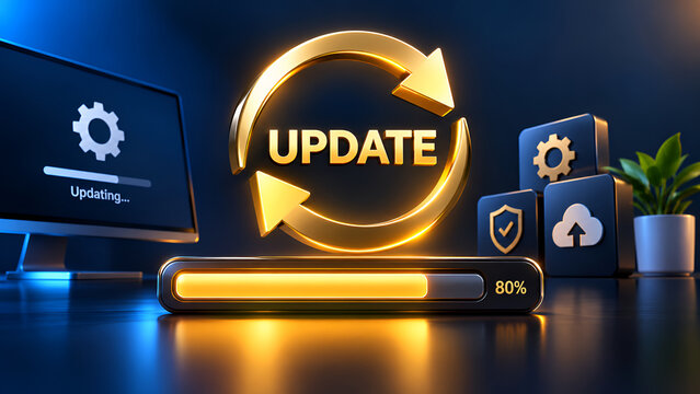 Software System Update Process with 80 Percent Progress Bar and Golden Arrow Icon on Dark Background
