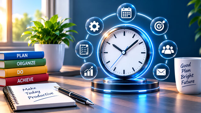 Effective Time Management and Productivity Concept with Clock Planning Icons and Office Stationery