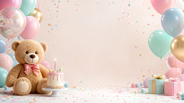 Cute teddy bear with birthday cake and colorful balloons for celebration