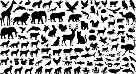 Obraz premium Mega Wild and Domestic Animal Silhouette Collection Vector Set with Mammals, Birds, Insects, and Marine Life