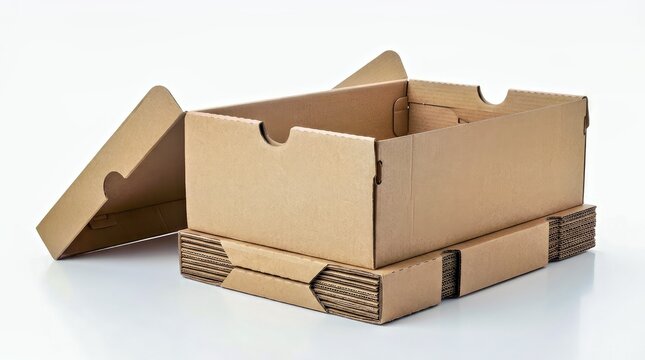 Brown Cardboard Box With Open Lid Stacked Flat Packed Boxes