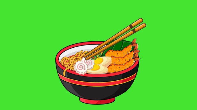 Animation Cartoon Delicious Spice\y Ramen Tempura with Chopsticks on Green Screen