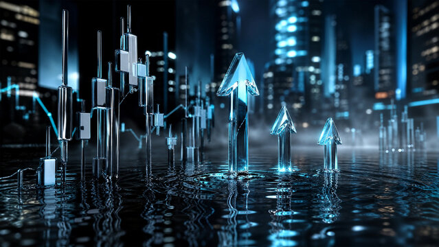 Financial stock market glass chart with rising arrows and city skyline background