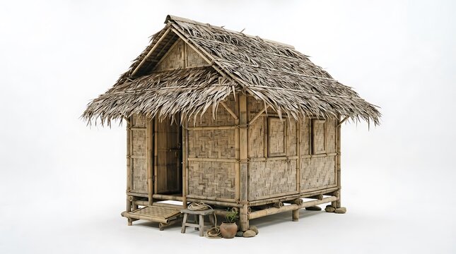 Traditional Southeast Asian bamboo hut with thatched roof isolated on a white background