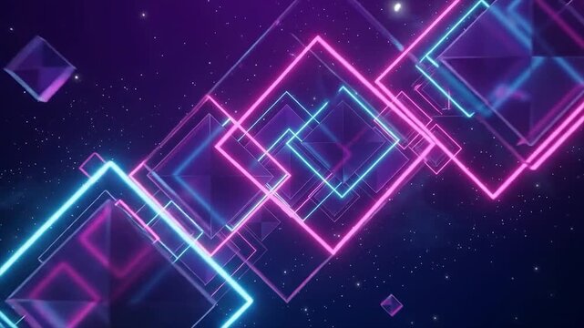 Abstract neon rhombus geometric background. Diagonal glowing pink cyan light frame overlay. Futuristic starry galaxy tech motion backdrop.
