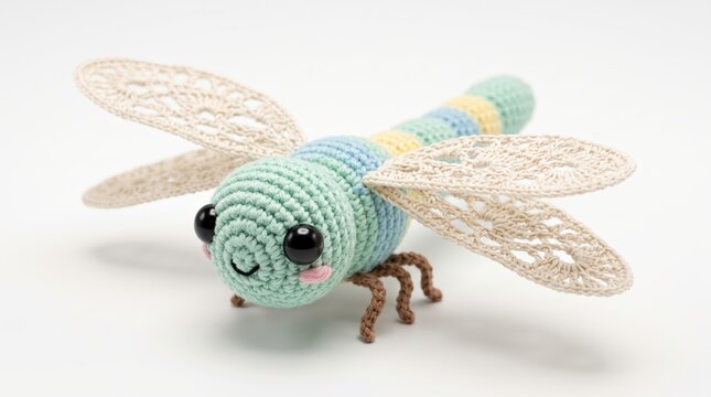 Cute crocheted dragonfly plush toy with smiling face and striped body for children's educational materials