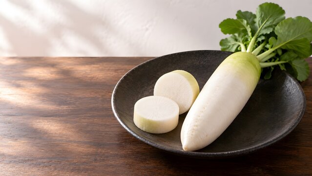 葉付き大根 黒い大皿にのせた一本と輪切り 秋冬の和食の下ごしらえ