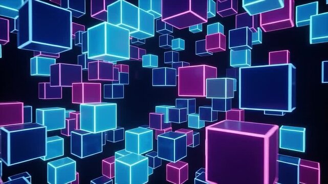 Abstract 3d neon cube geometric background. Glowing cyan purple floating digital block pattern. Cyber metaverse blockchain tech backdrop.