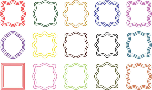 Colorful wavy square and circular frame set vector border line templates isolated on plain white background for design elements.