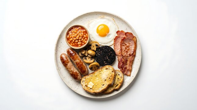 Traditional full English breakfast with fried egg, bacon, sausages, and beans on a ceramic plate