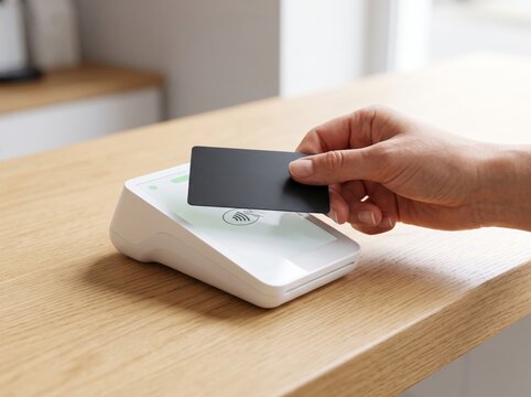 Customer paying contactless with black credit card over modern wireless payment POS terminal on wood counter.