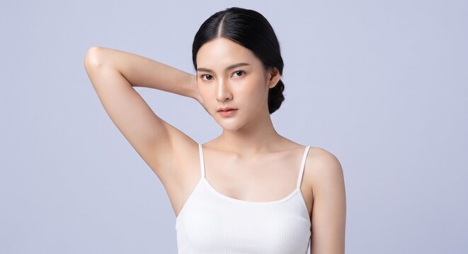Stunning Asian woman with tied hair lifting arm showing smooth underarm skin