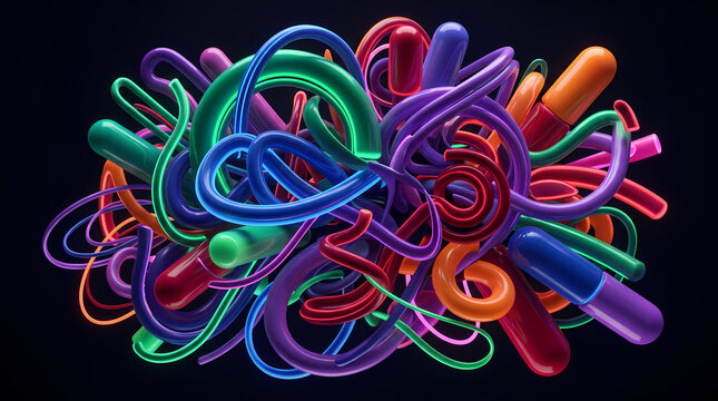 Abstract 3D render of colorful tangled glossy geometric tubes and glowing neon lines on dark background