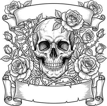 Detailed human skull surrounded by blooming roses and blank vintage ribbon scrolls for custom text tattoo template