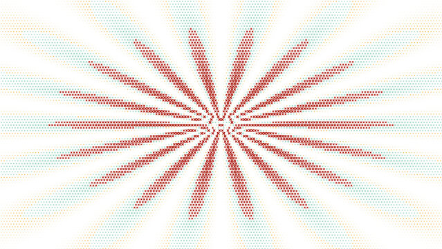 Abstract background, with a red, sunburst pattern and, cyan halftone dots, radiating from the, center on a, black surface for