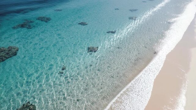 Peaceful aerial view of crystal-clear tropical ocean water and pristine coastline, natural environment, travel, tourism and climate concept, cinematic 4K stock video.