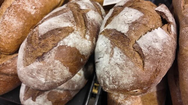 Freshly baked rye bread loaves in bakery basket with white flour dusting