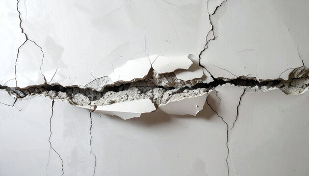 Large jagged crack spreading across plaster wall, home inspection, surface damage. Close-up.