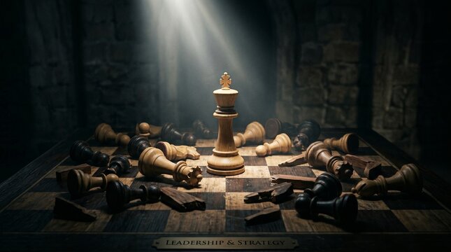 A single wooden king standing on a chessboard with fallen pieces