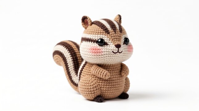 Cute handmade crochet chipmunk plushie toy isolated on a white background with soft lighting