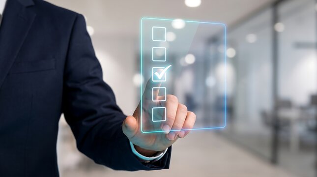 Businessman Completing Digital Quiz Questions with Virtual Checkboxes