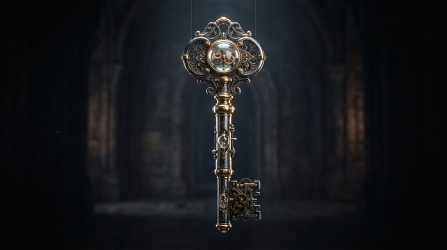 An ornate vintage skeleton key floating in a dark mysterious gothic atmosphere.