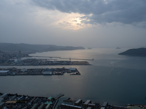 View of Takamatsu city and Seto Inland Sea at dusk from Shishi no Reigan observatory on Yashima - Kagawa prefecture, Japan