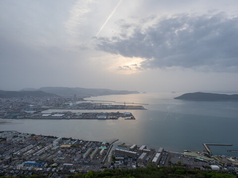 View of Takamatsu city and Seto Inland Sea at dusk from Shishi no Reigan observatory on Yashima - Kagawa prefecture, Japan
