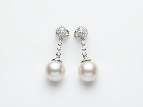 Elegant pair of white pearl drop earrings with diamonds set in silver.