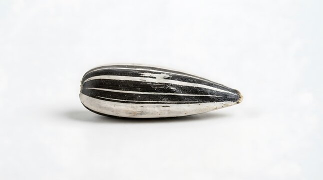 A single striped sunflower seed isolated on a white background, showcasing its textured shell and oblong shape
