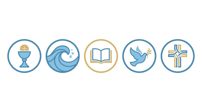 Christian religious icons set, blue and gold church symbols vector, spiritual baptism and communion elements, holy bible and dove illustrations