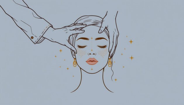 The image depicts a minimalist, line art style illustration of a woman receiving a head massage, with her eyes closed and a calm expression on her face