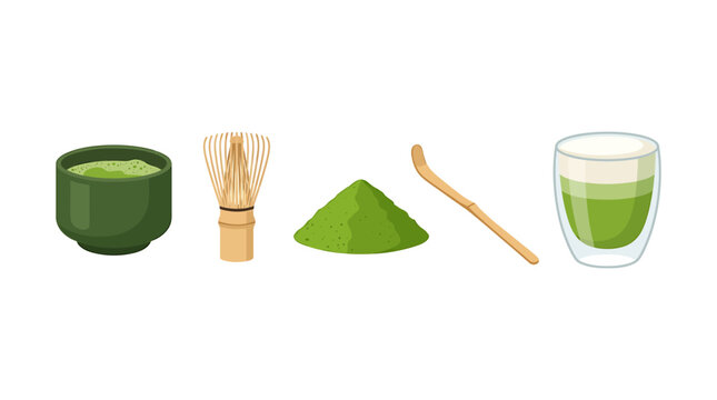 Japanese matcha tea ceremony set, green tea powder with bamboo whisk and scoop, traditional chawan bowl and modern matcha latte glass vector