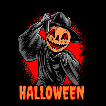Spooky Halloween pumpkin killer vector illustration, creepy jack o lantern character wearing black cloak and hat, horror slasher mascot with knife