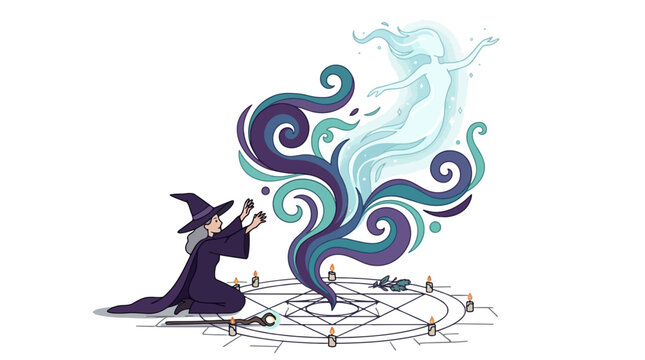 Vector illustration of a witch performing a summoning ritual with a pentagram and ethereal spirit emerging from magical smoke