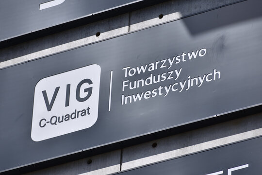 VIG C-Quadrat investment fund office facade with signage, logo, emblem. WARSAW, POLAND - APRIL 18, 2026